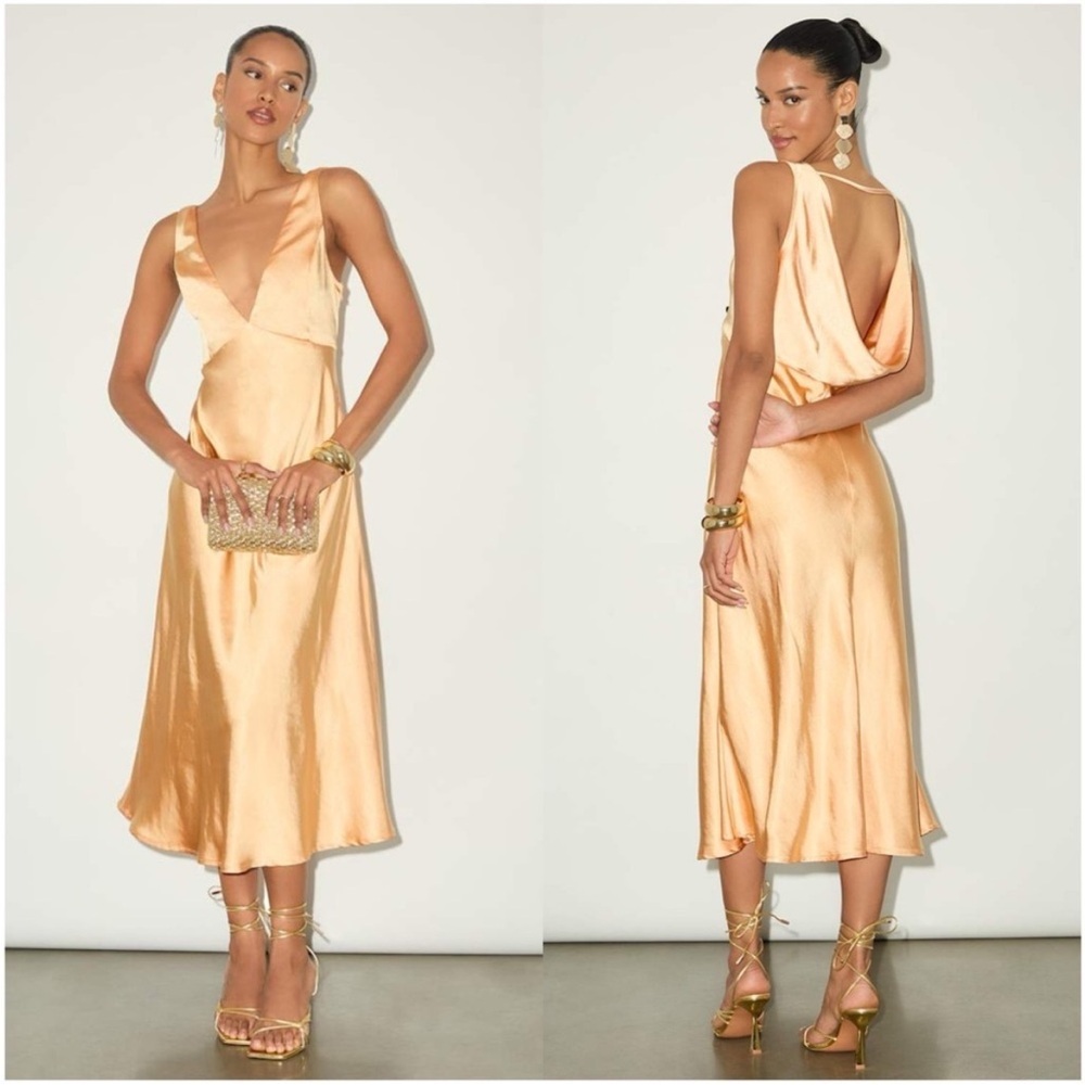 NWT - Lulus Incredible Love Light Orange Satin Cowl Back Midi Slip Dress